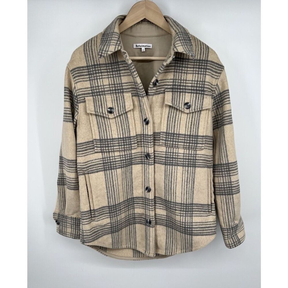 Reformation Giles Shirt Jacket Oversized Boxy Size Small Beige Plaid Wool Blend
